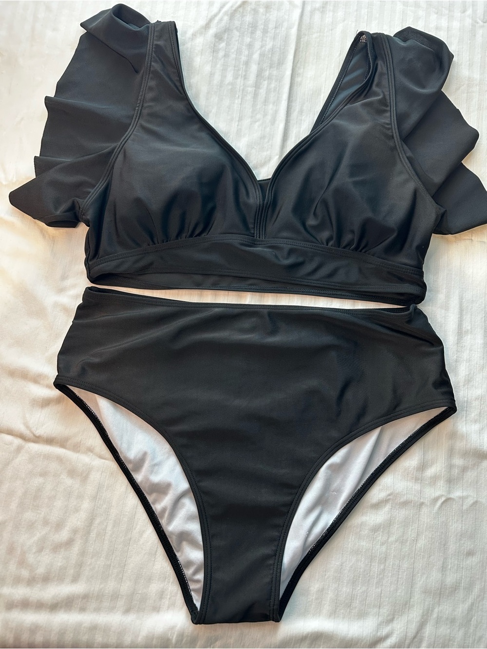 SHEIN Black Ruffle Sleeve High Waisted Bikini Set Plus‎ Size 2XL Swimsuit